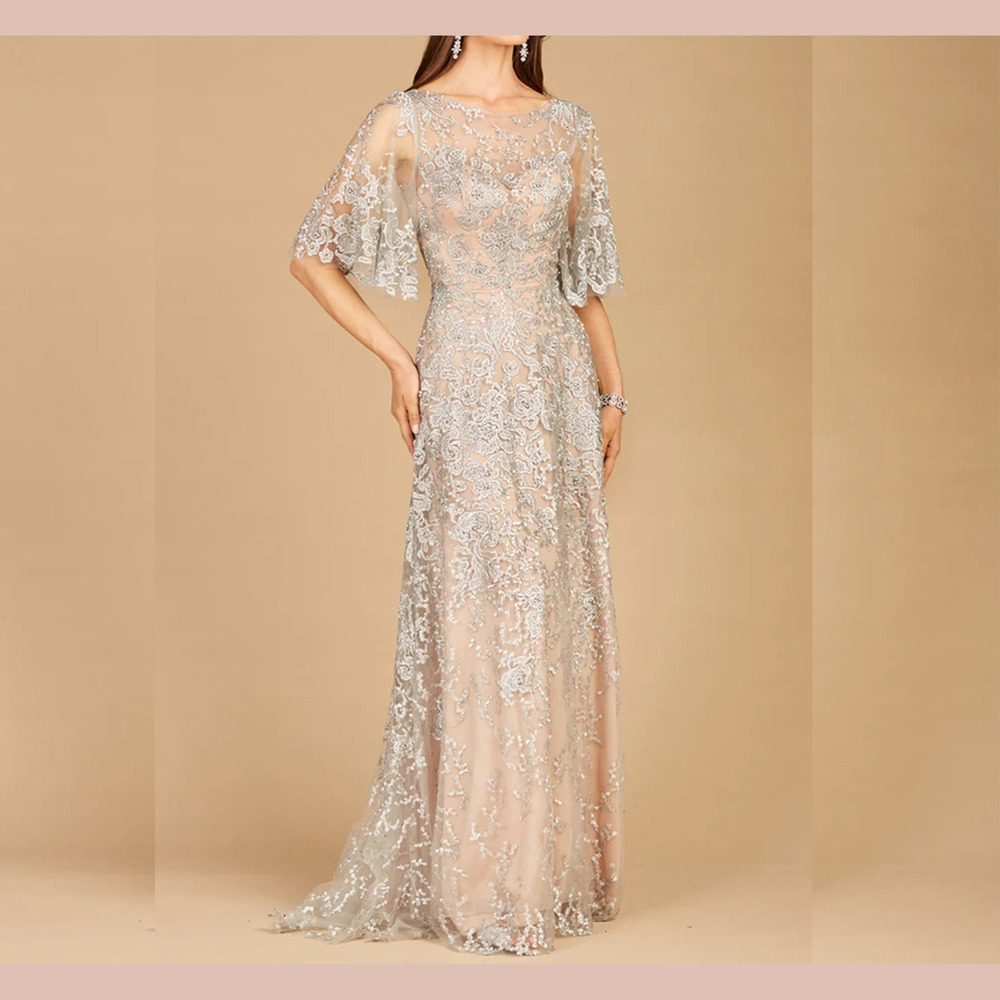 NWT LARA NY [ 6 ] 33277 Laced Illusion Bateau A-line Gown Silver Nude #J1865‎